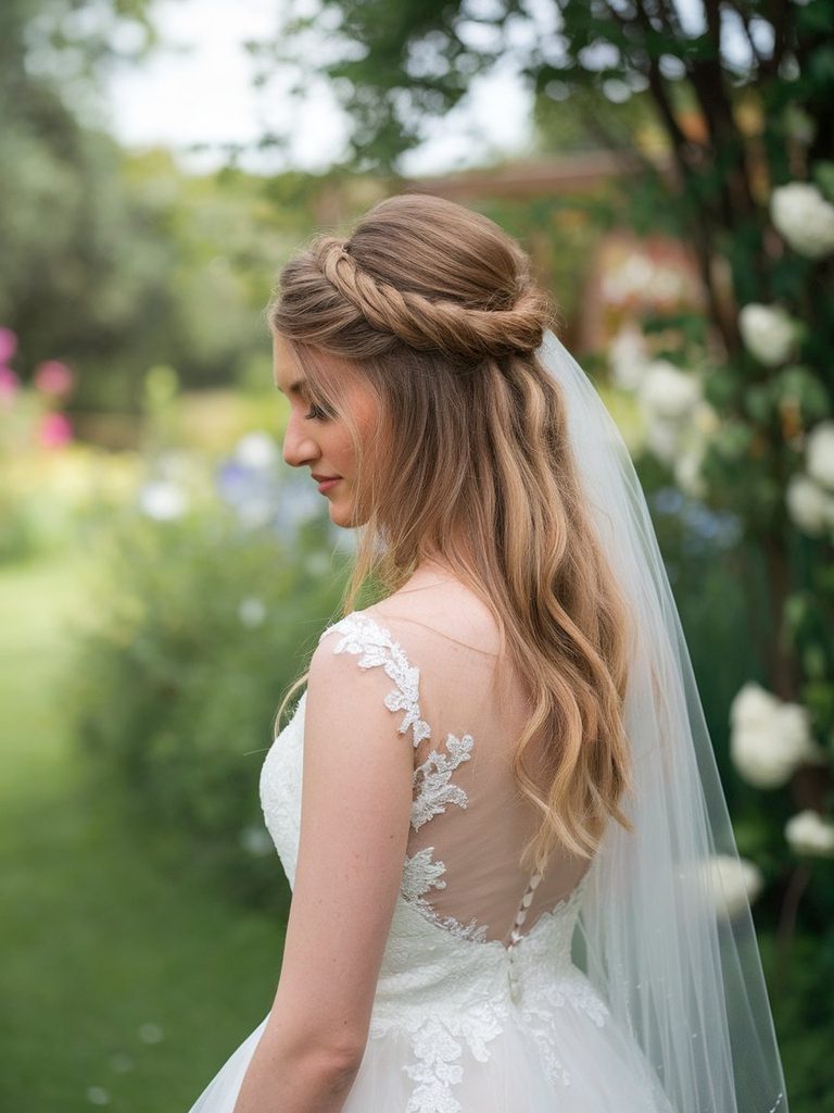 Bride with lob-length hair in a twisted half-up crown hairstyle