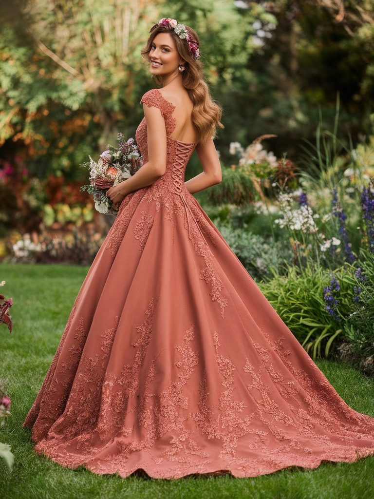 Bride with warm skin wearing a terracotta colored wedding gown outdoors