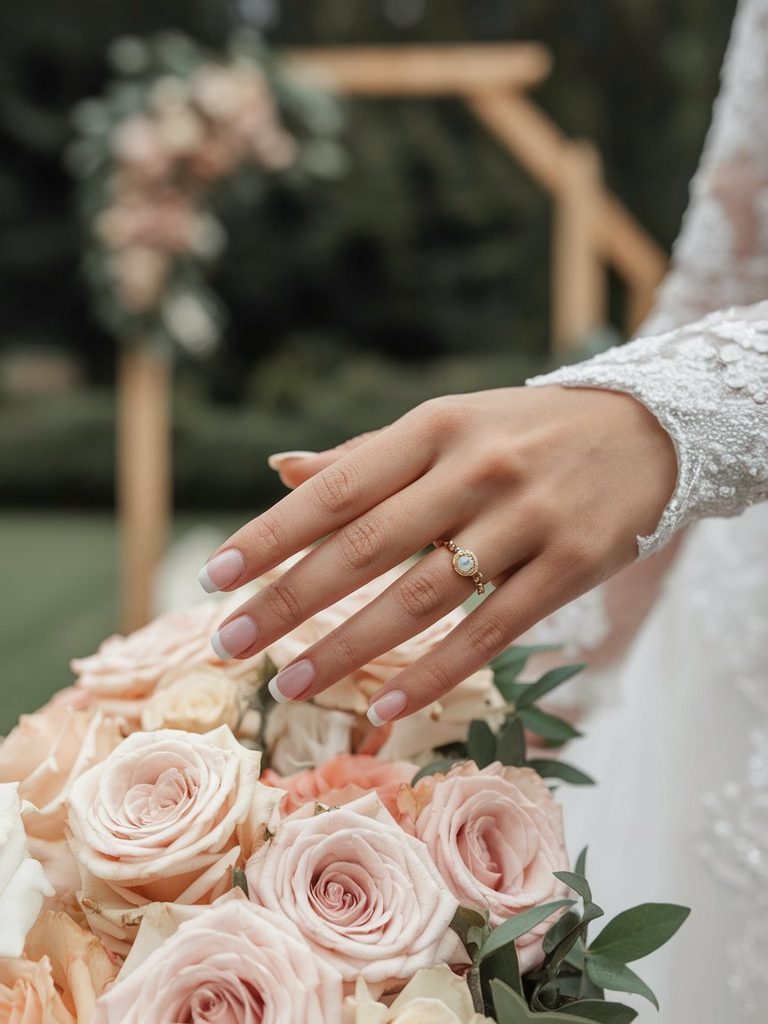 Bride's hand with a short round manicure resting near a bouquet
