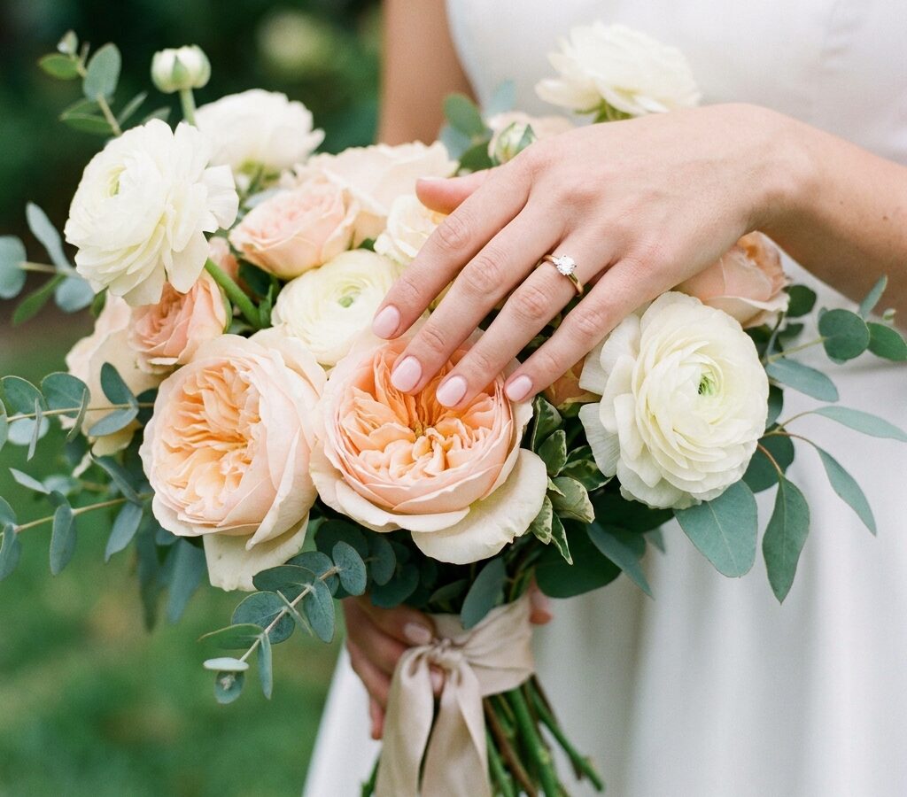 Bride's hand with a short round manicure resting near a bouquet