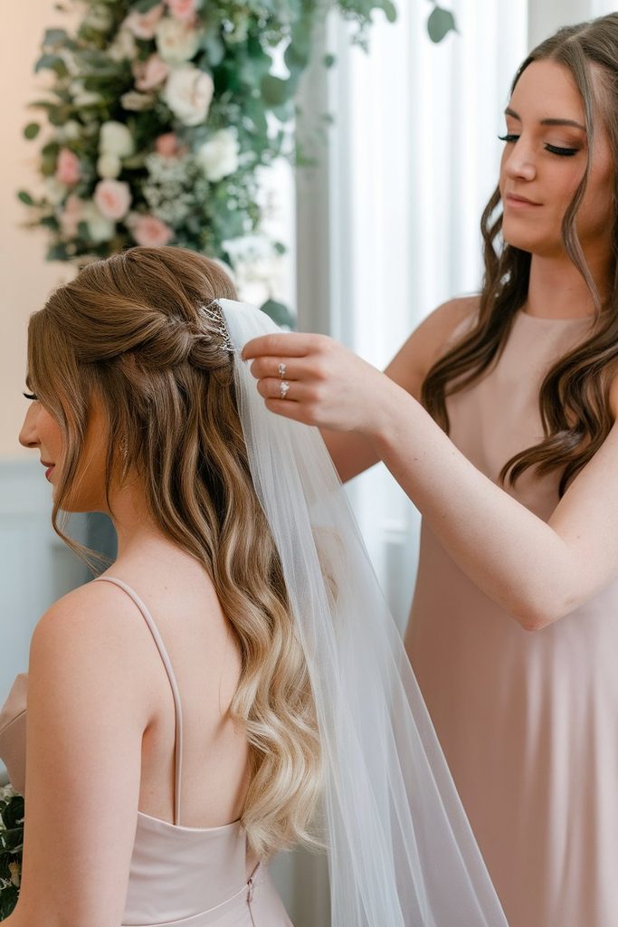 Bridesmaid removing a bride's veil to reveal her half-up hairstyle