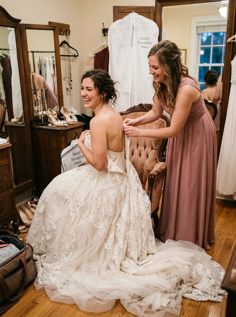 Bridesmaid helping a bride change out of her ceremony gown