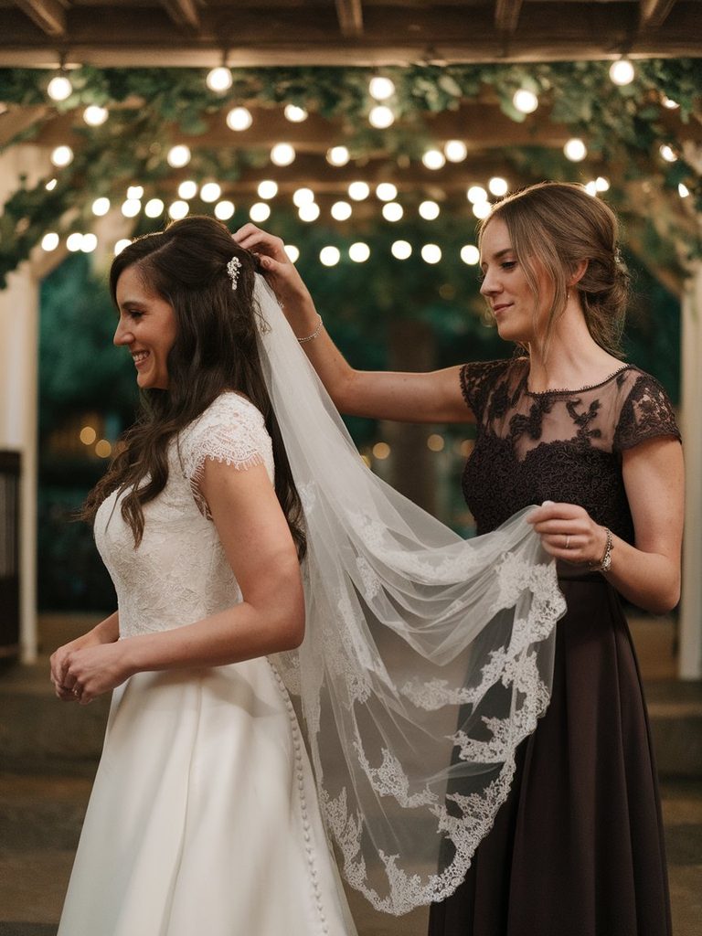 Bridesmaid helping a bride remove her veil at the end of the evening