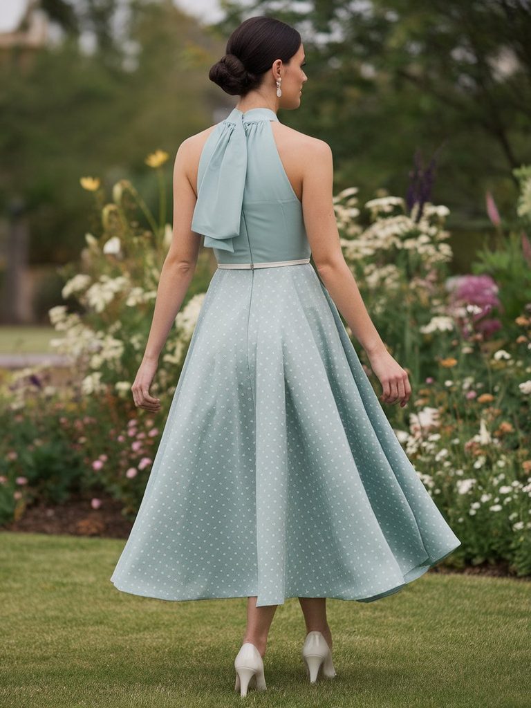 Bridesmaid in a halter neckline dress with hair secured off the back
