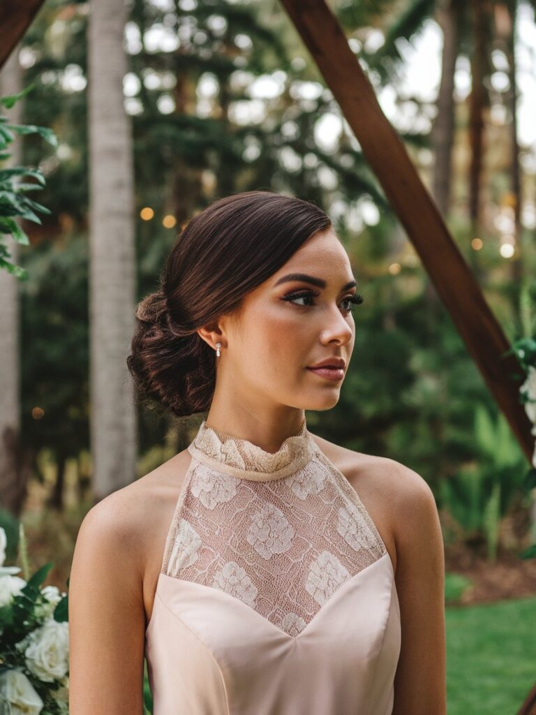 Bridesmaid in a high illusion lace neckline dress with a smooth updo