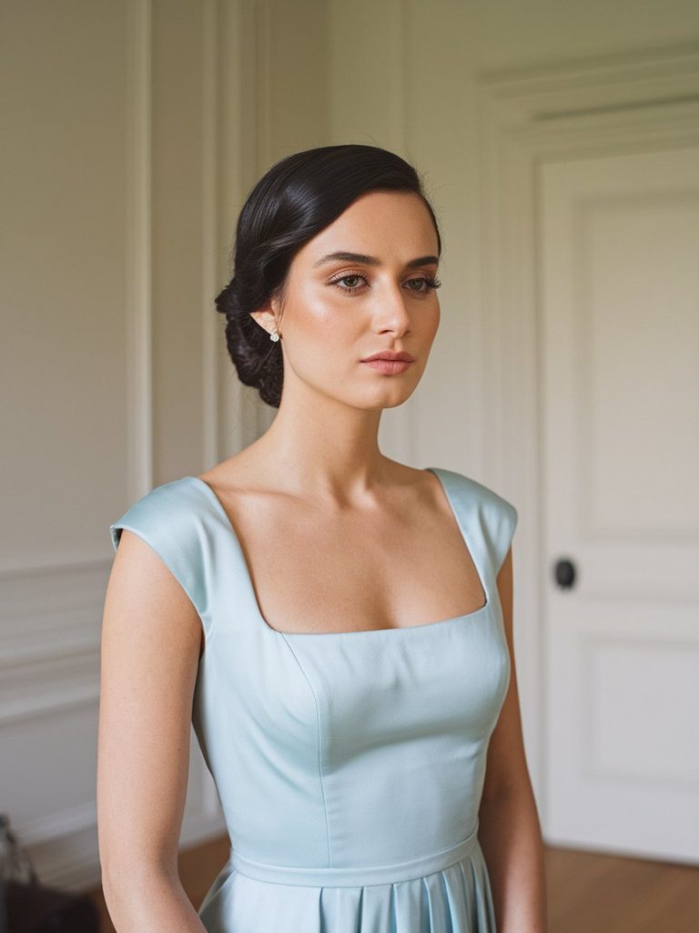Bridesmaid in a square neckline dress with a sleek structured updo