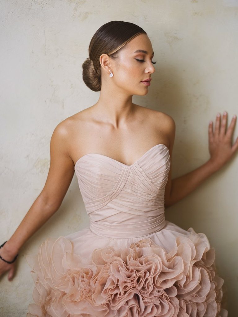 Bridesmaid in a strapless dress with a sleek low updo