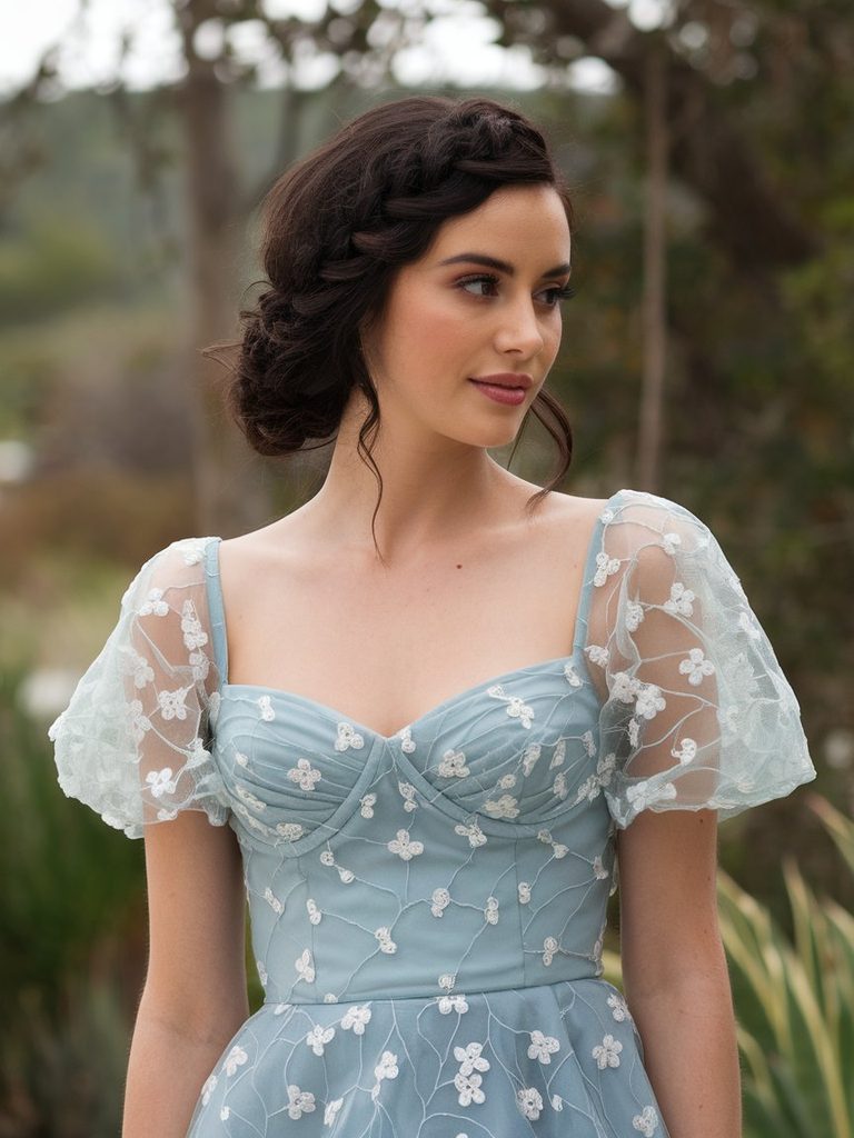 Bridesmaid in a sweetheart neckline dress with a twisted low chignon