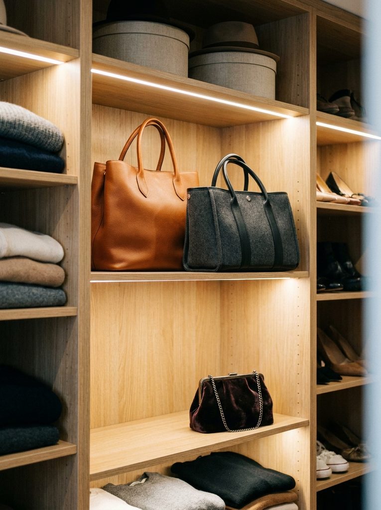 Three handbags in different sizes displayed together on closet shelving