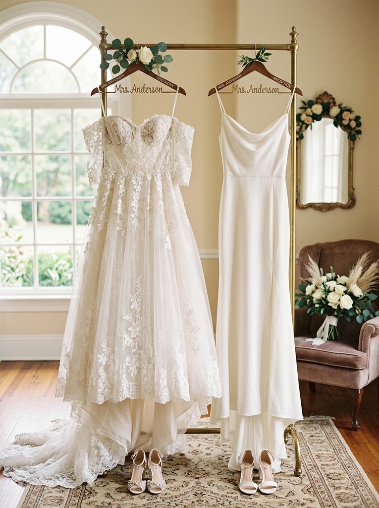 Ceremony wedding gown and second-look reception dress hanging side by side