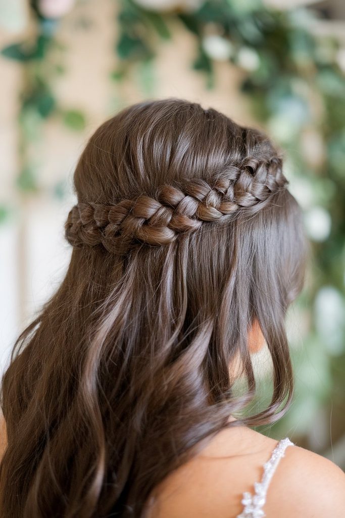 Close-up of a French braided crown on a bridal half-up hairstyle