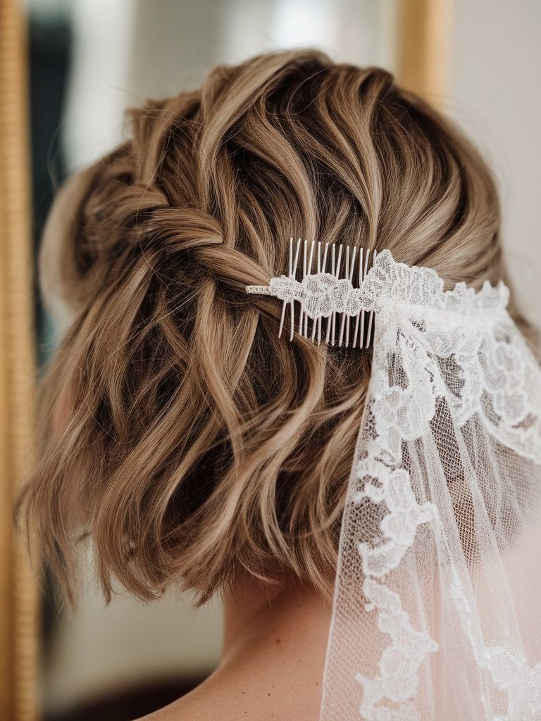Close-up of a flat veil comb attached into short textured bridal hair
