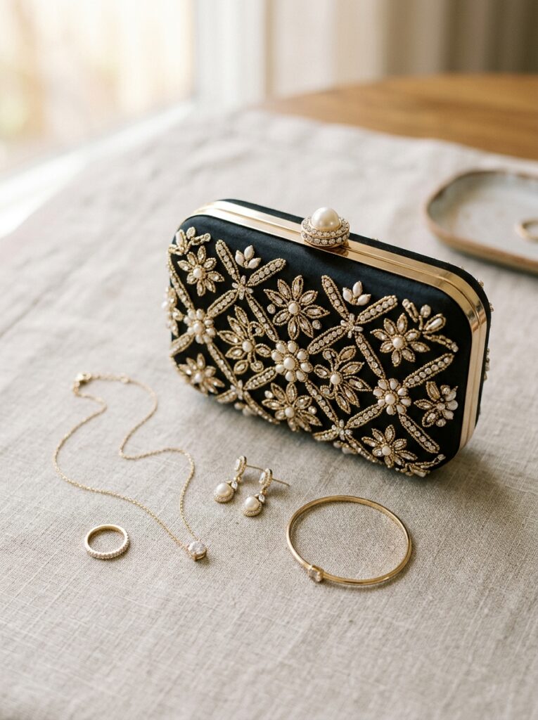 Close-up of a small structured evening clutch and delicate jewelry laid on a neutral surface
