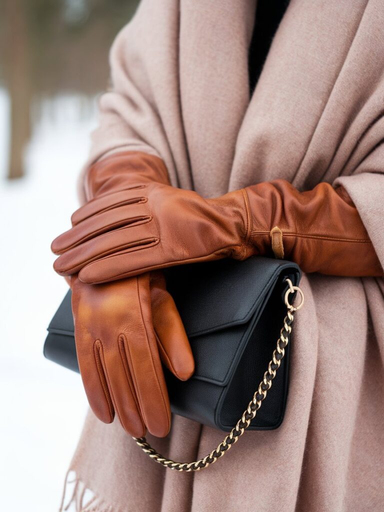 Close-up of leather gloves, a cashmere scarf, and a structured clutch styled for a winter wedding