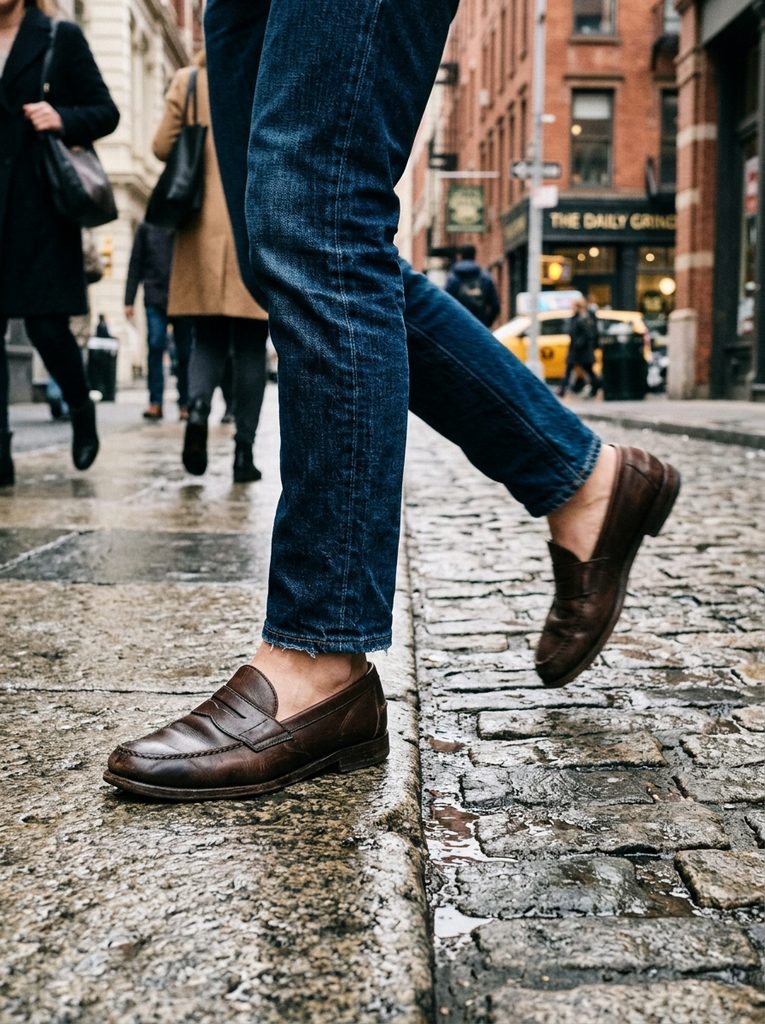 Close-up of legs and feet walking in jeans and leather loafers on a city street