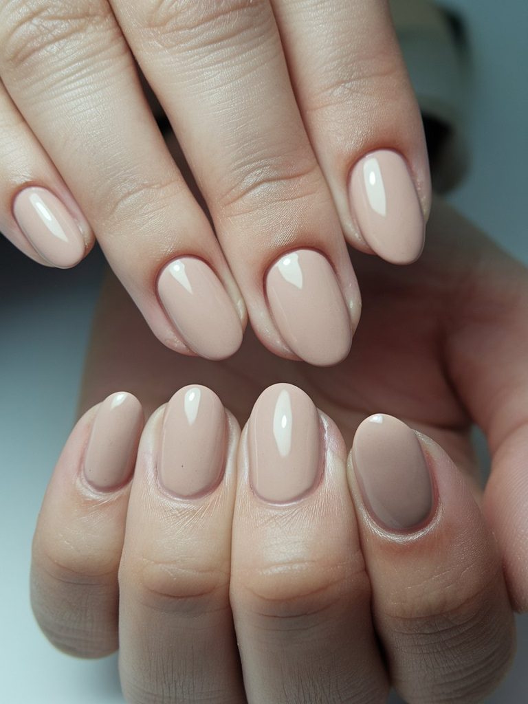 Close-up of short natural nails in a clean round shape with soft polish