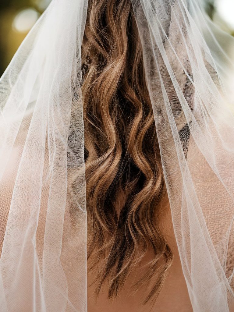 Close-up of tulle veil fabric resting against loose wavy hair