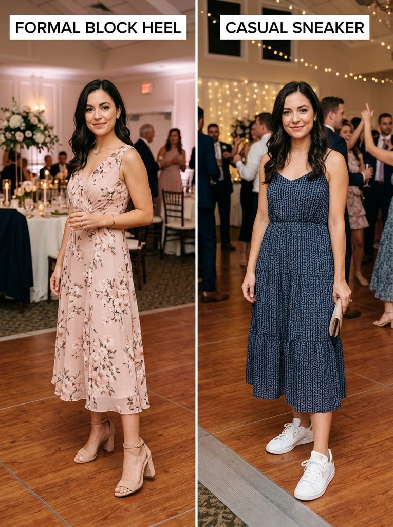 Comparison of formal block heel and casual sneaker for wedding attire