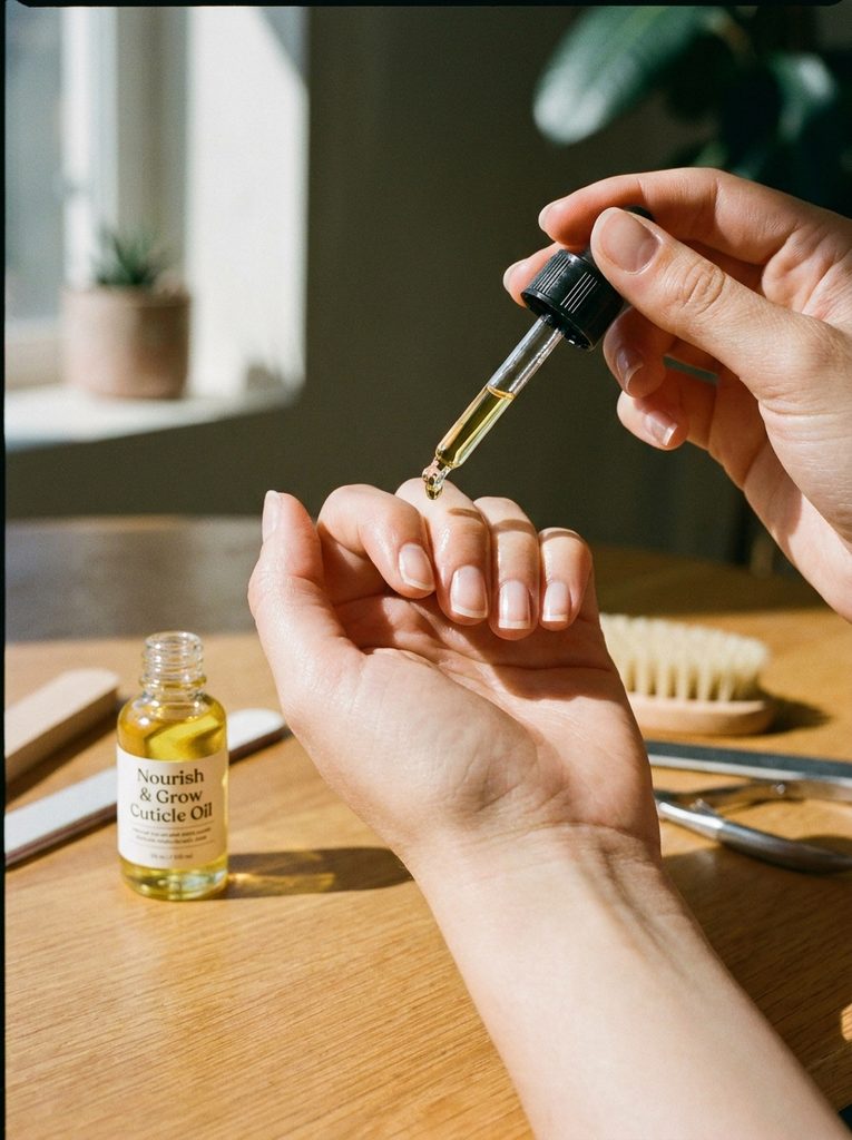 Cuticle oil being applied to short, healthy-looking natural nails