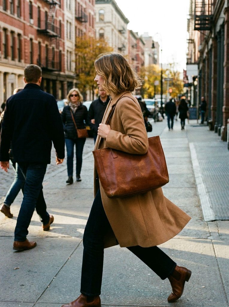 Woman carrying a large structured tote bag while walking in the city