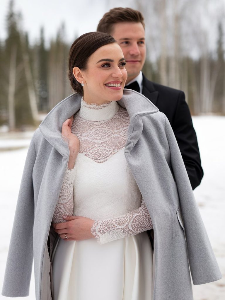 Fitted wool coat styled as part of a winter wedding guest outfit