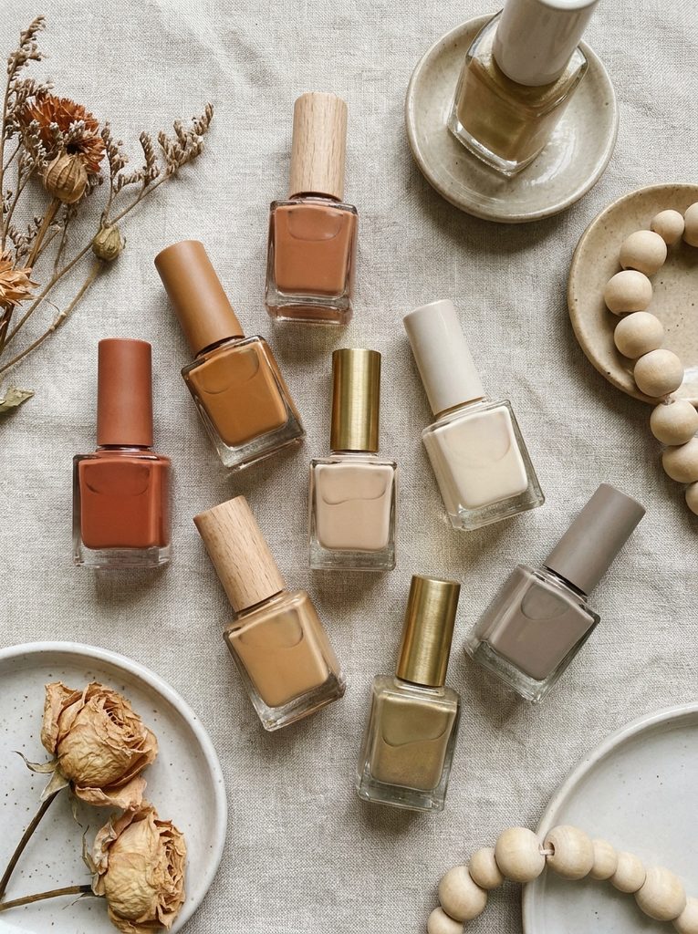 Flat-lay of coordinated warm neutral nail polish bottles