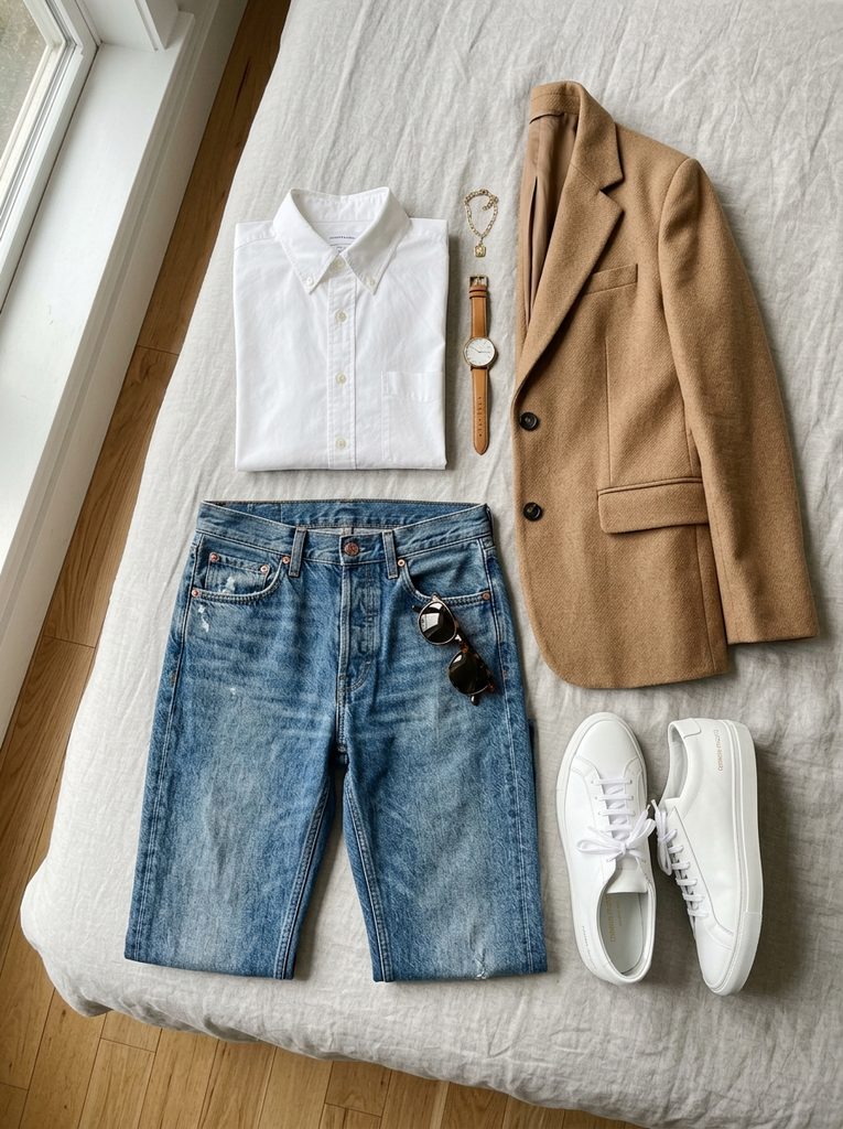 Flat lay of jeans, button-down shirt, and camel blazer with white sneakers