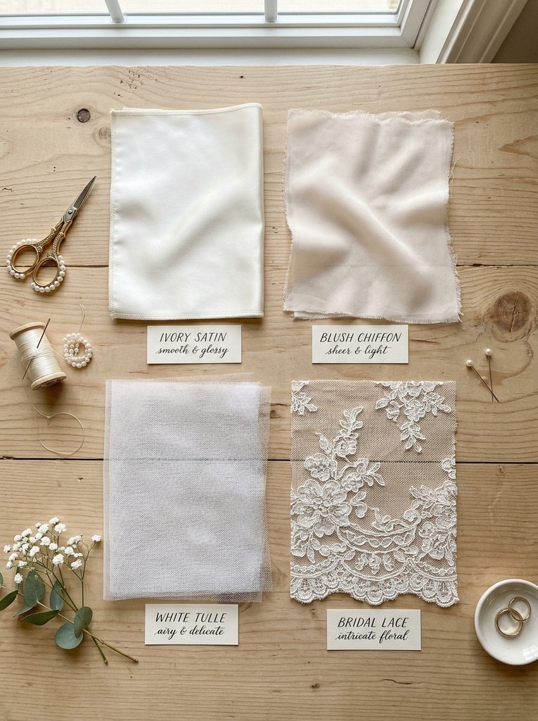 Flat lay of wedding dress fabric swatches including satin, chiffon, tulle, and lace