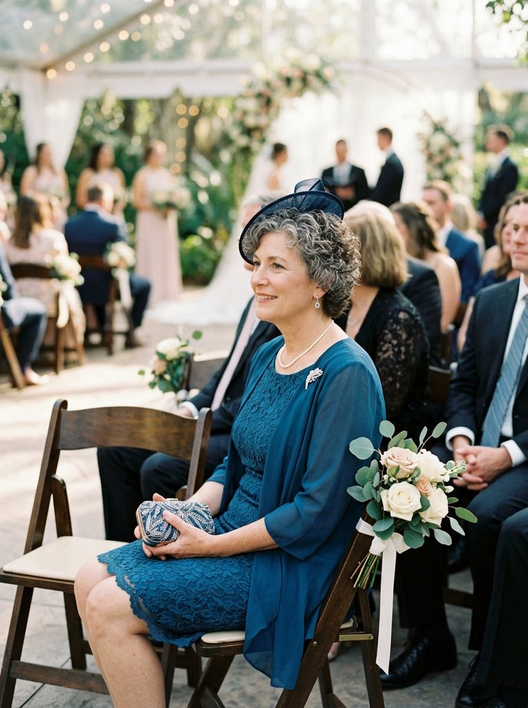 Formally dressed guest seated at a wedding ceremony