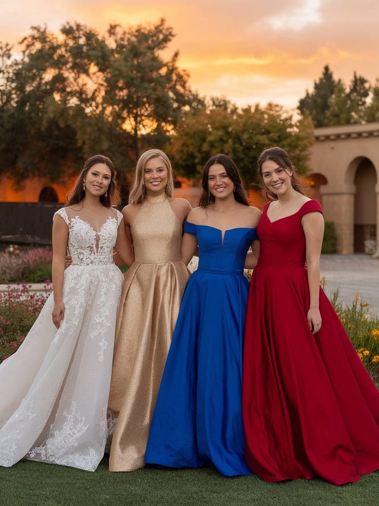 Four brides in different colored wedding gowns standing together outdoors at golden hour