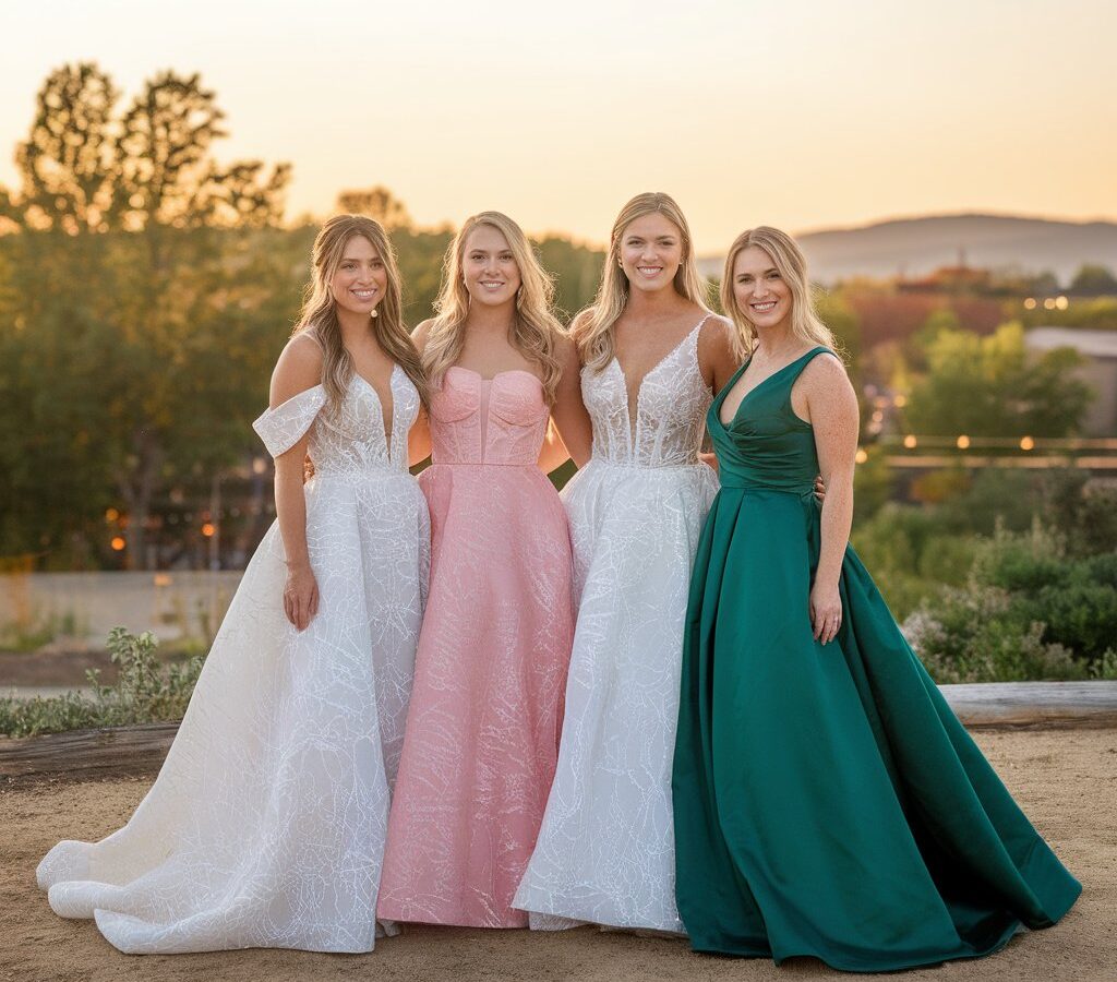 Four brides in different colored wedding gowns standing together outdoors at golden hour