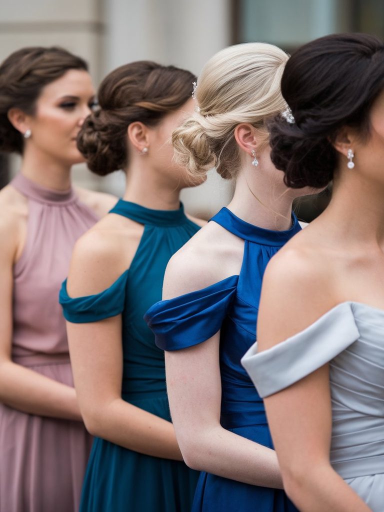 Four bridesmaids with different neckline dresses each wearing a suited hairstyle