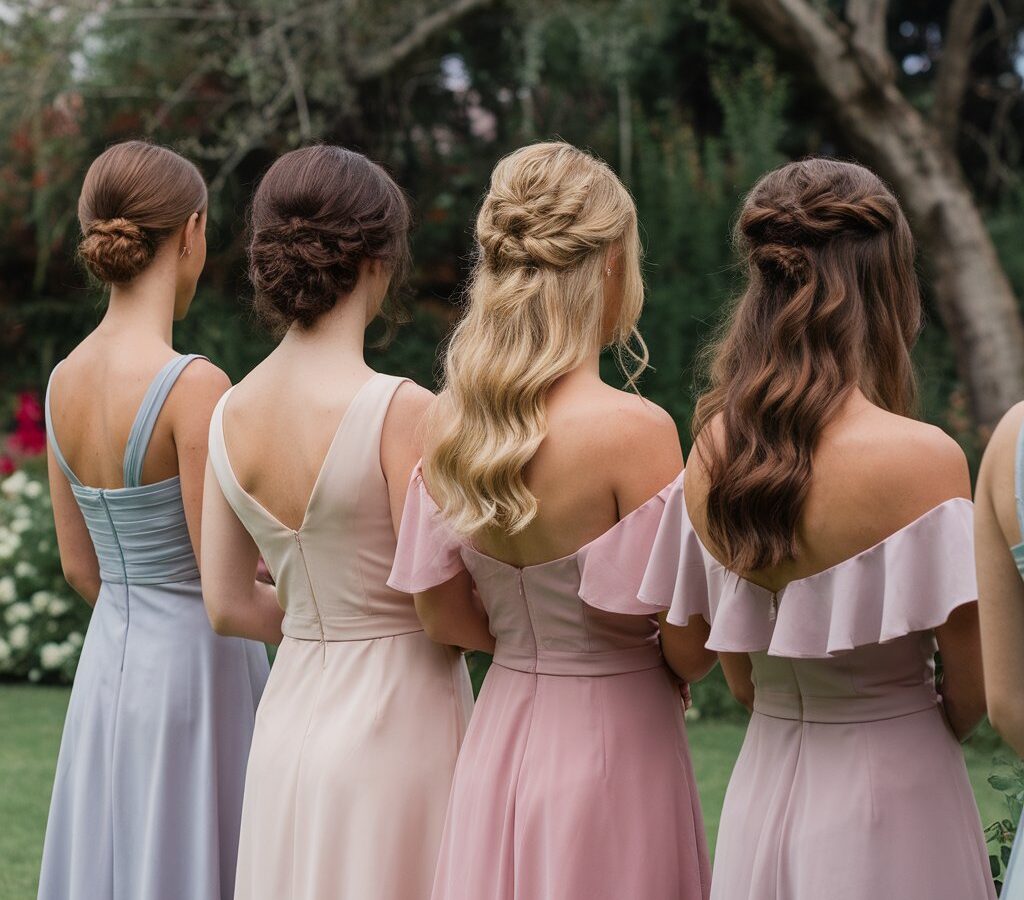 Four bridesmaids with different neckline dresses each wearing a suited hairstyle
