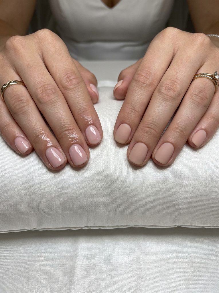Glossy and matte polish finishes compared on short bridal nails