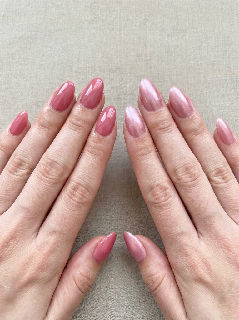 Glossy and soft shimmer manicures compared side by side in the same color