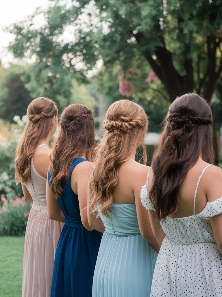 Group of bridesmaids with a shared half-up hairstyle styled differently per dress