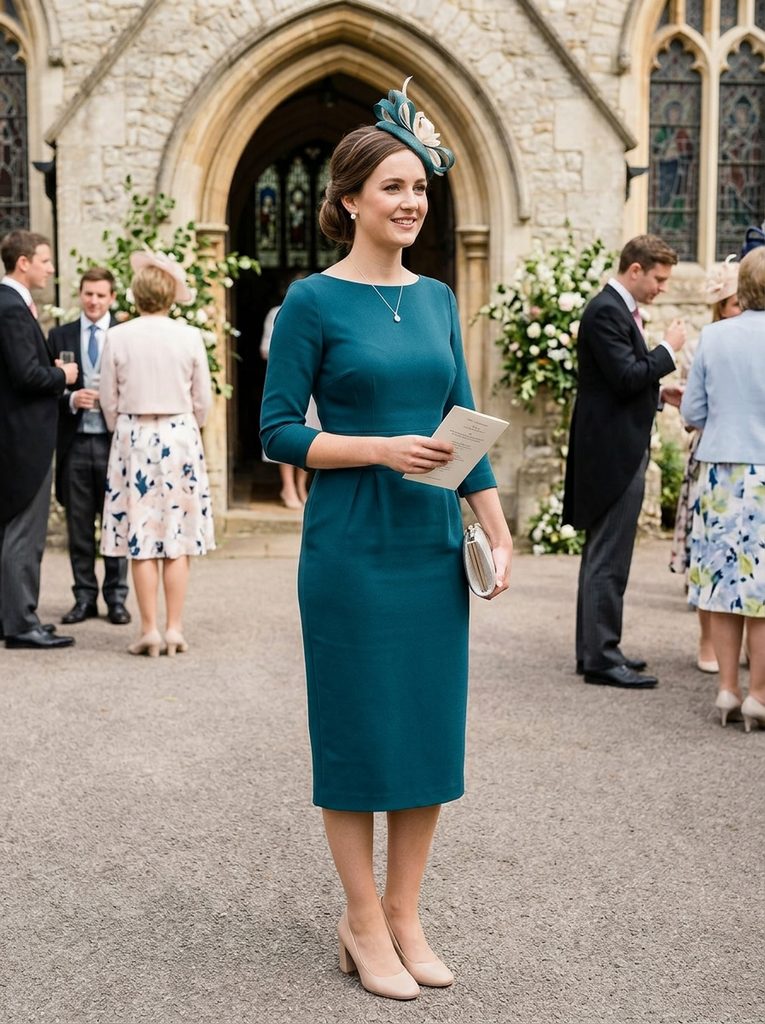 Guest wearing a modest fitted dress appropriate for a religious wedding venue