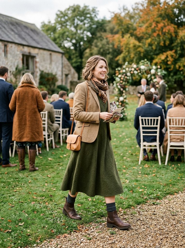 Guest wearing weather-appropriate footwear and fabric at an outdoor wedding
