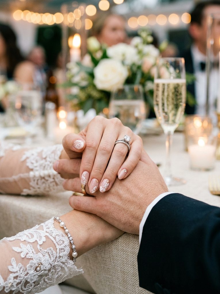 Close-up of a bride's manicure during her wedding reception