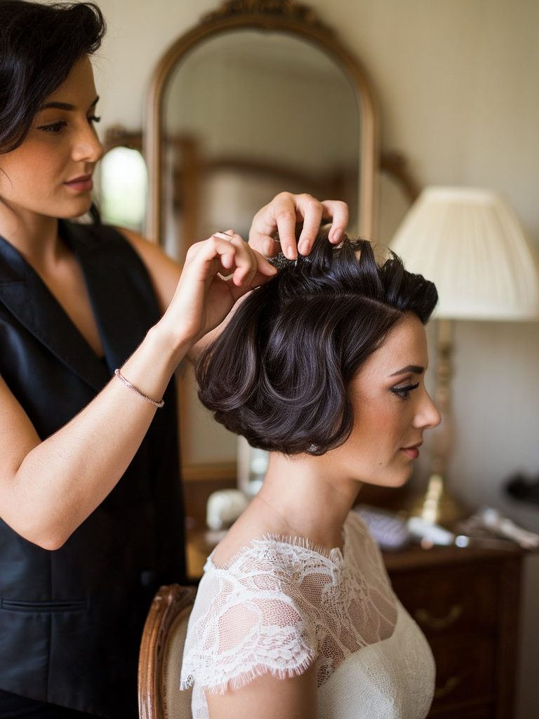 Hairstylist backcombing the crown of a bride's short hair for volume