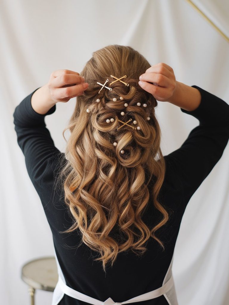 Hairstylist placing crossed bobby pins into backcombed bridal hair