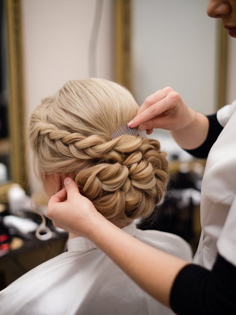 Hairstylist securing a veil comb into a smooth section of bridal hair