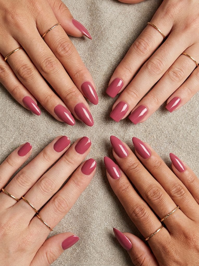 Hands with different nail shapes wearing the same coordinated polish color