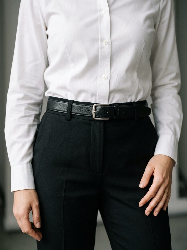 Crisp white blouse paired with tailored black trousers