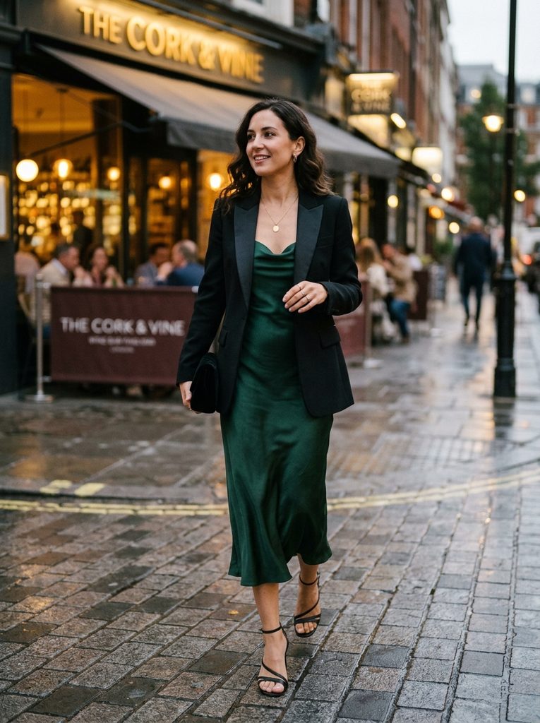 Woman wearing a blazer layered over a silk slip dress for evening
