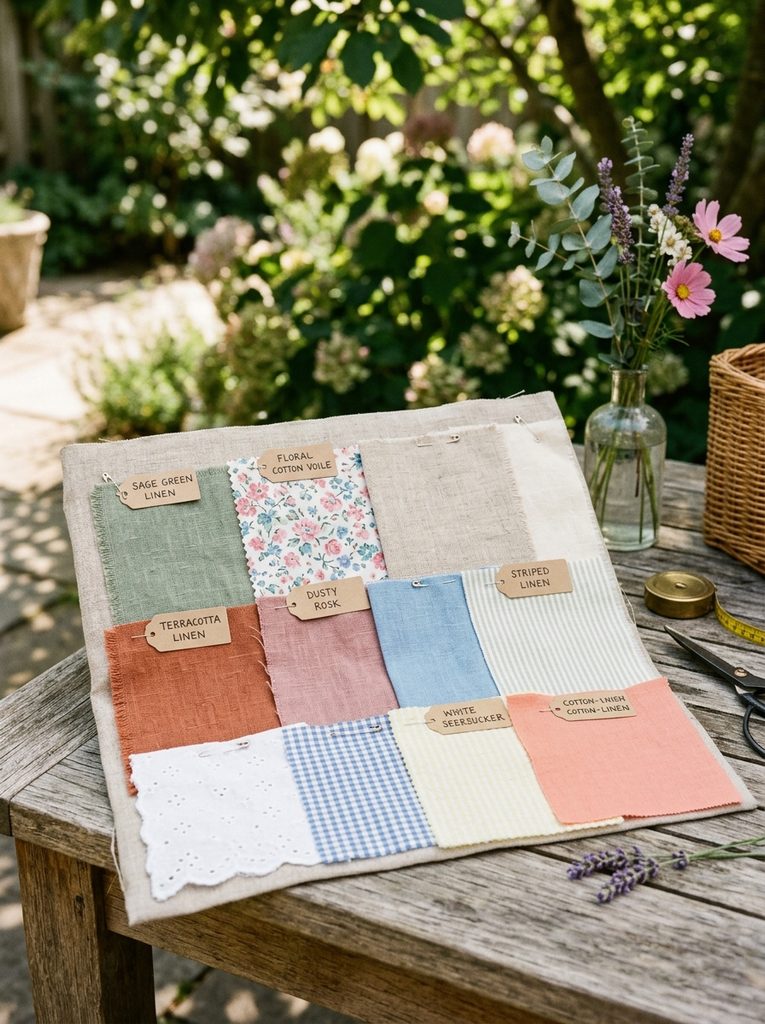 Linen and cotton fabric swatches suited for an outdoor summer wedding guest outfit