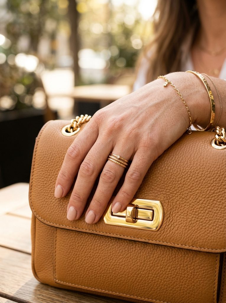 Gold jewelry paired with a camel leather handbag with gold hardware