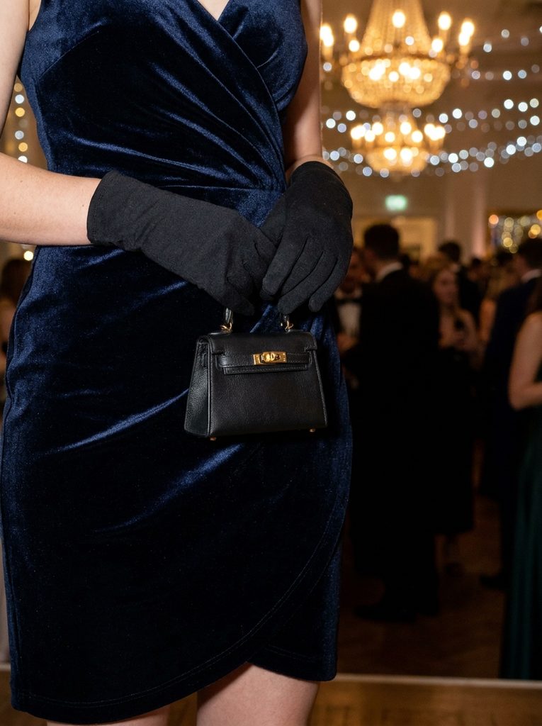 Woman carrying a small structured micro handbag at an evening event