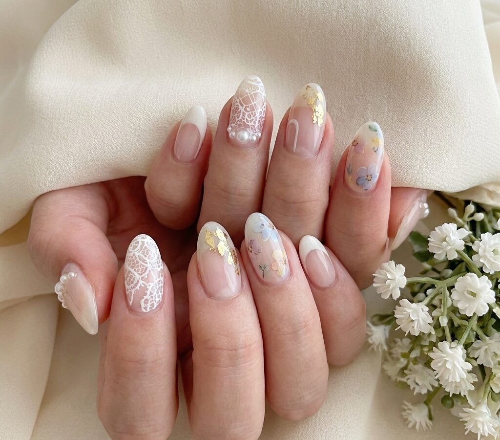 Nail with fine raised gel linework catching light on the surface