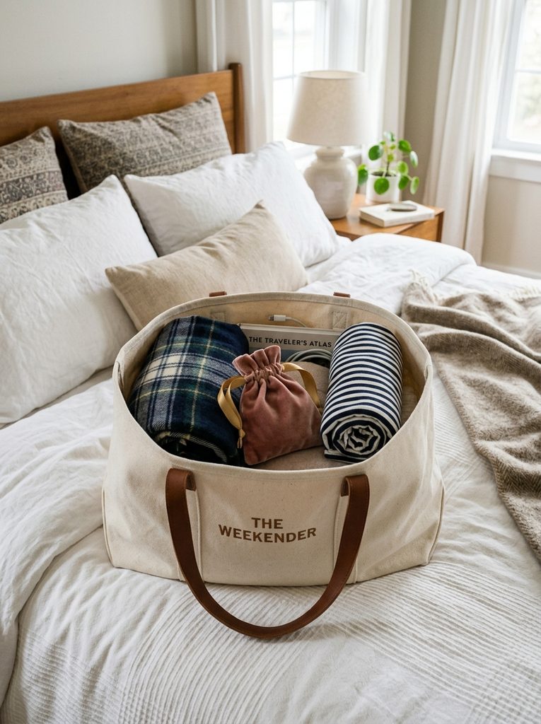 Open tote bag on a bed packed with a folded scarf, jewelry pouch, and rolled top